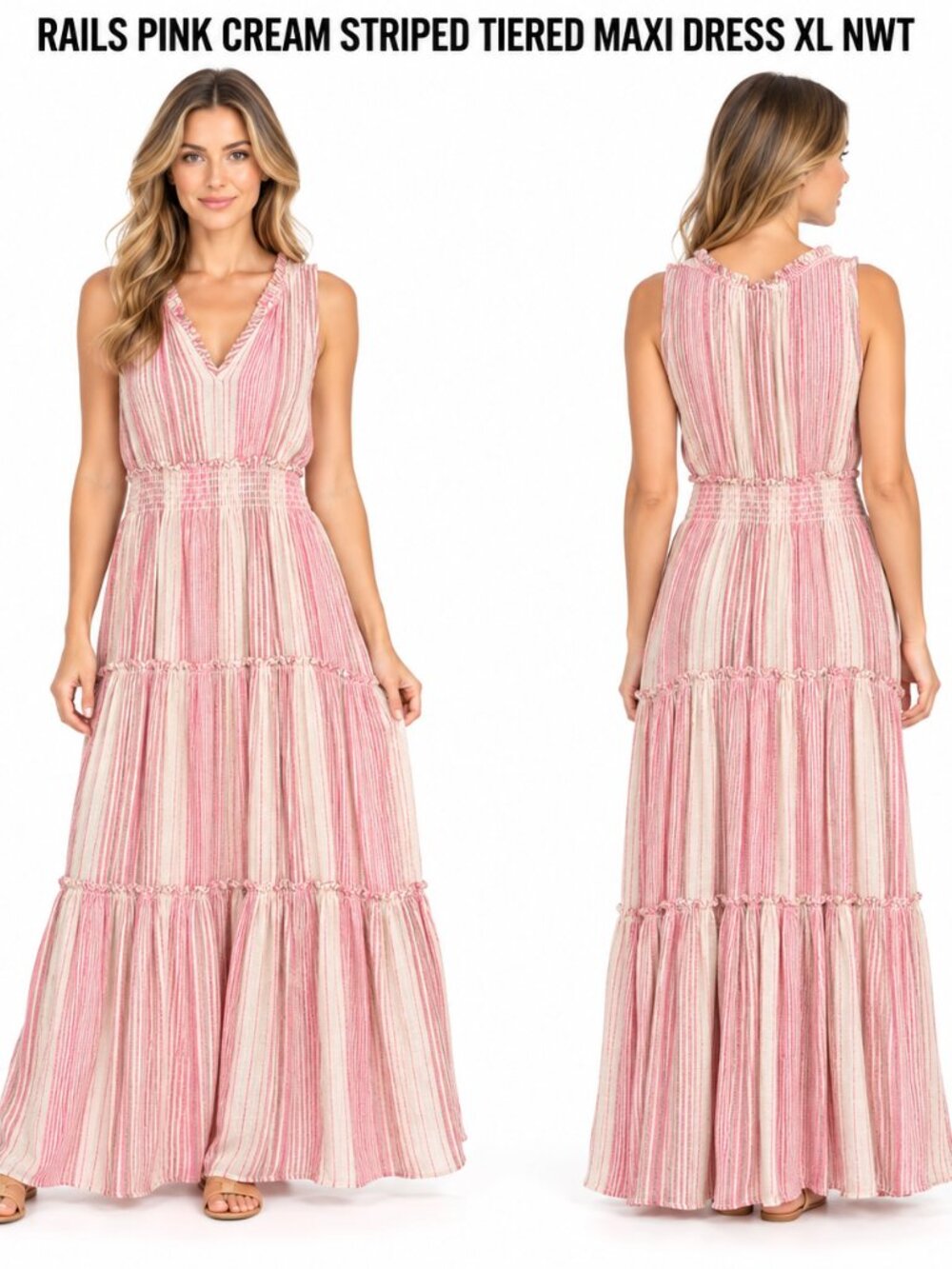 RAILS PINK CREAM STRIPED TIERED MAXI DRESS XL NWT